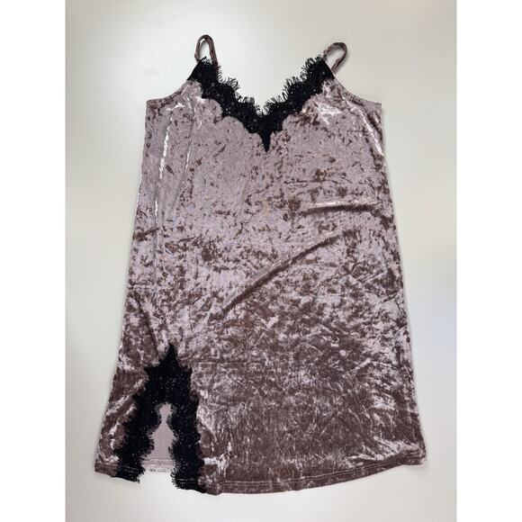 VTG Y2K Wishlist Crushed Velvet Chemise Dress Small Brown Black Lace Trim Retro - Picture 4 of 12